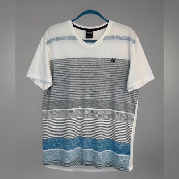 Zoo York V Neck T Shirt Size L White Gray Blue Gradual Stripe Skate Style Logo - Picture 2 of 12